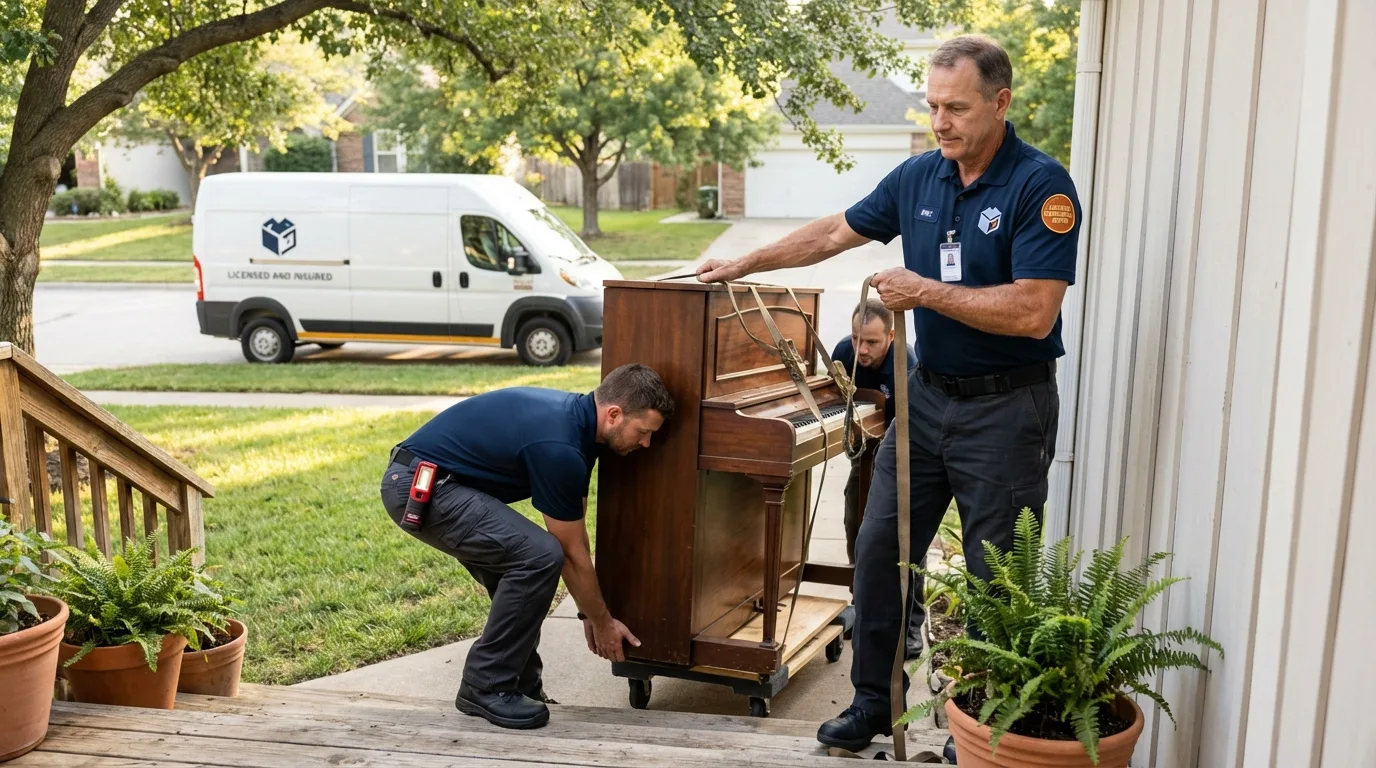 Licensed piano movers securing grand piano in Stockdale, TX