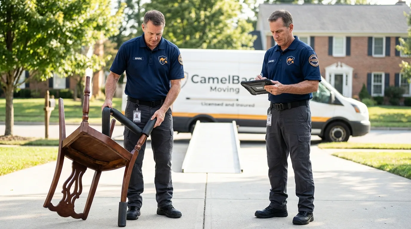 Movers inspecting furniture for damage prevention before loading in Stockdale, TX