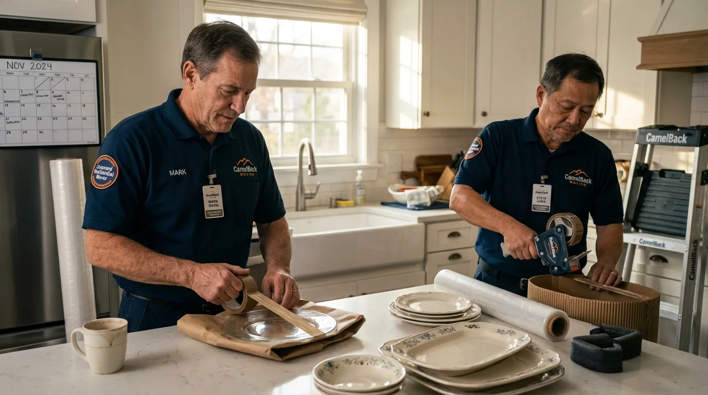 Professional crew packing kitchen dishware in Stockdale, TX